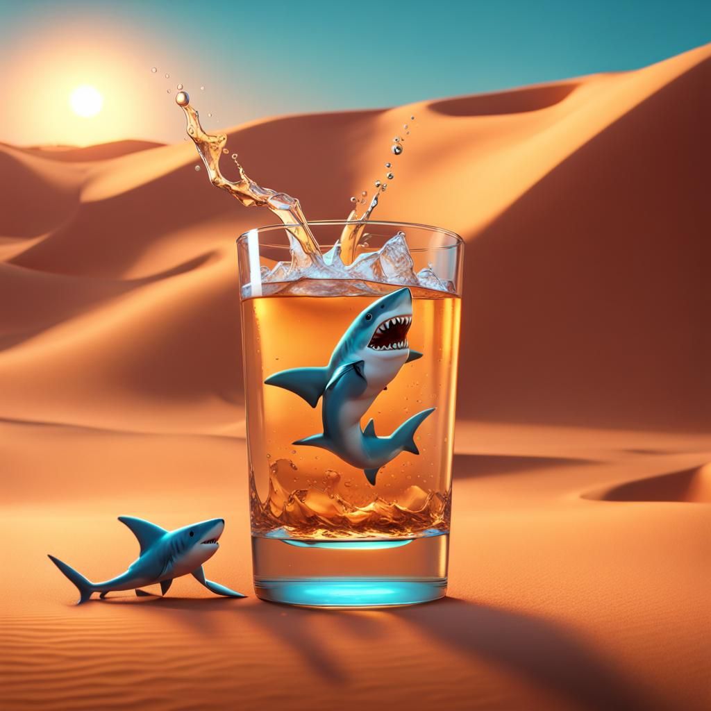 Shark Drinks Whiskey in Sahara: 3D Digital Art