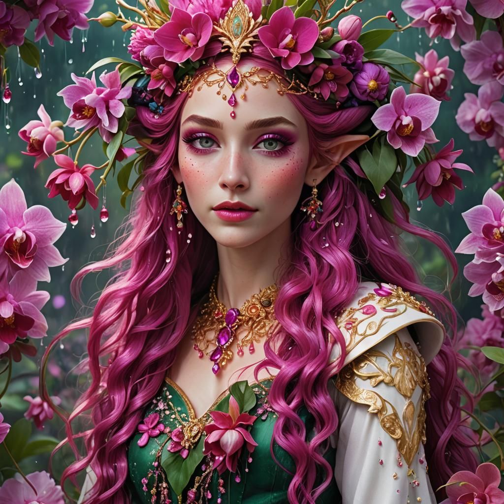 Elven Girl with Fuchsia Hair in Strawberry Field