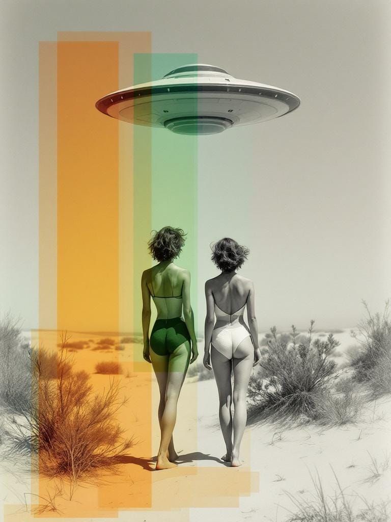 Women on Dune Gaze at UFO in Abstract Style