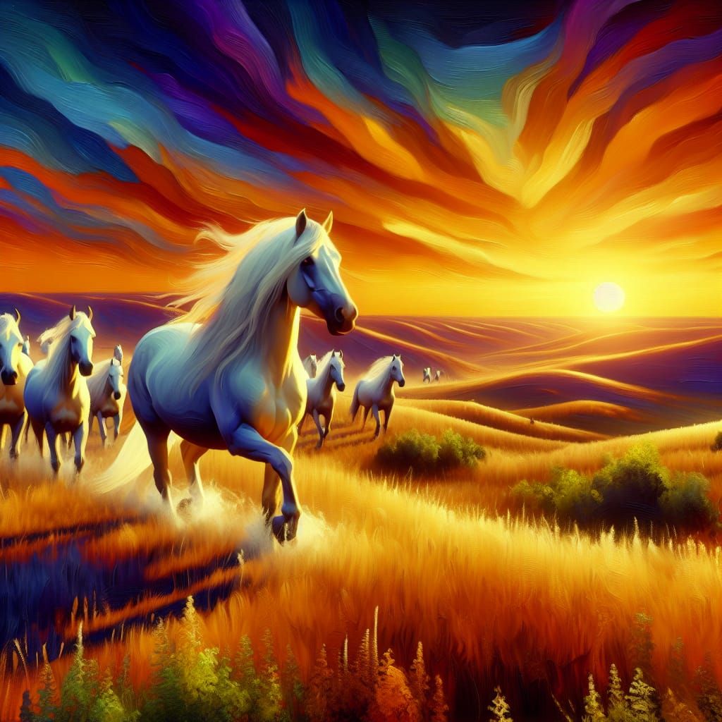 Wild Horses Gallop in Golden Sunset, 3D Oil Painting