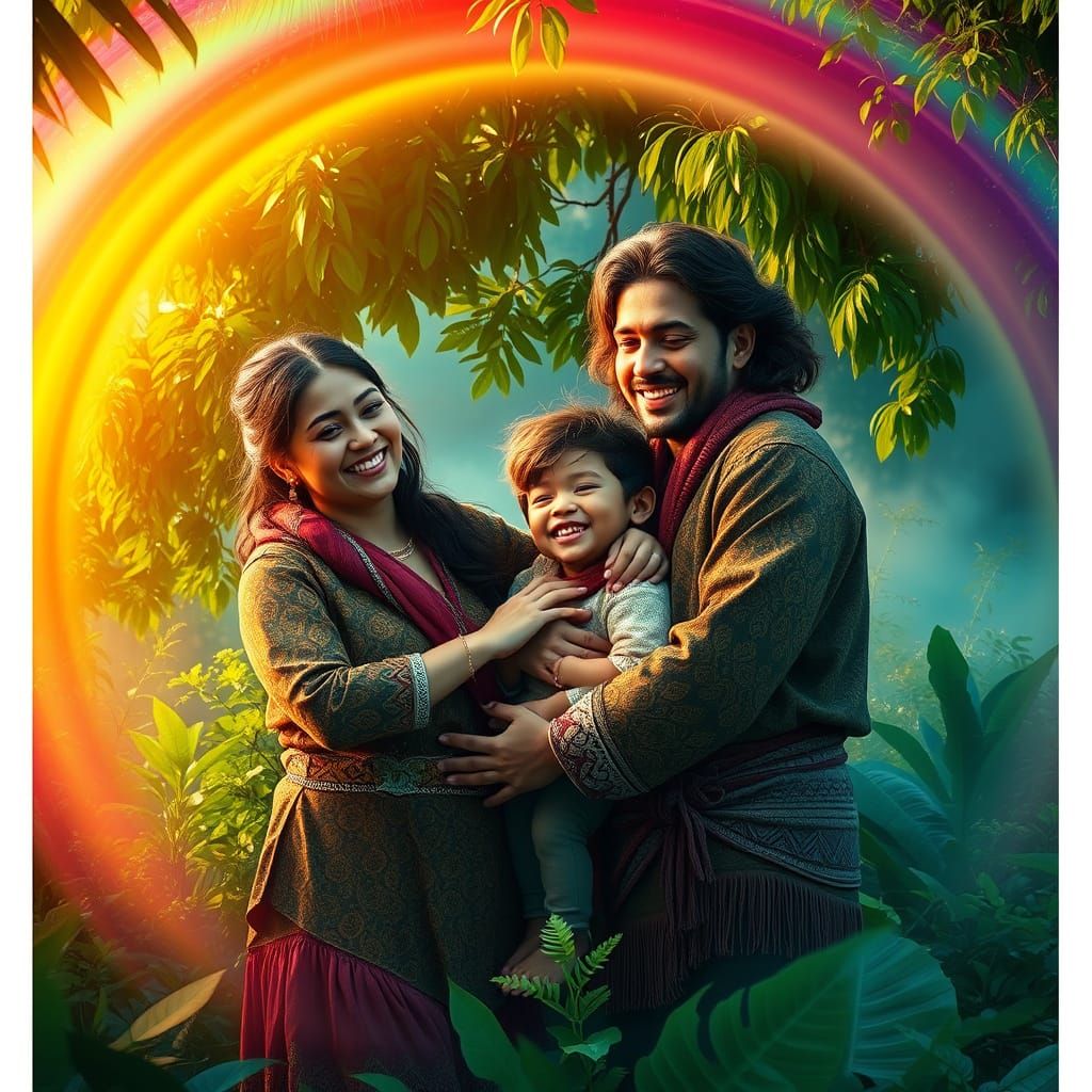 Family Embracing Under Whimsical Rainbow Arc