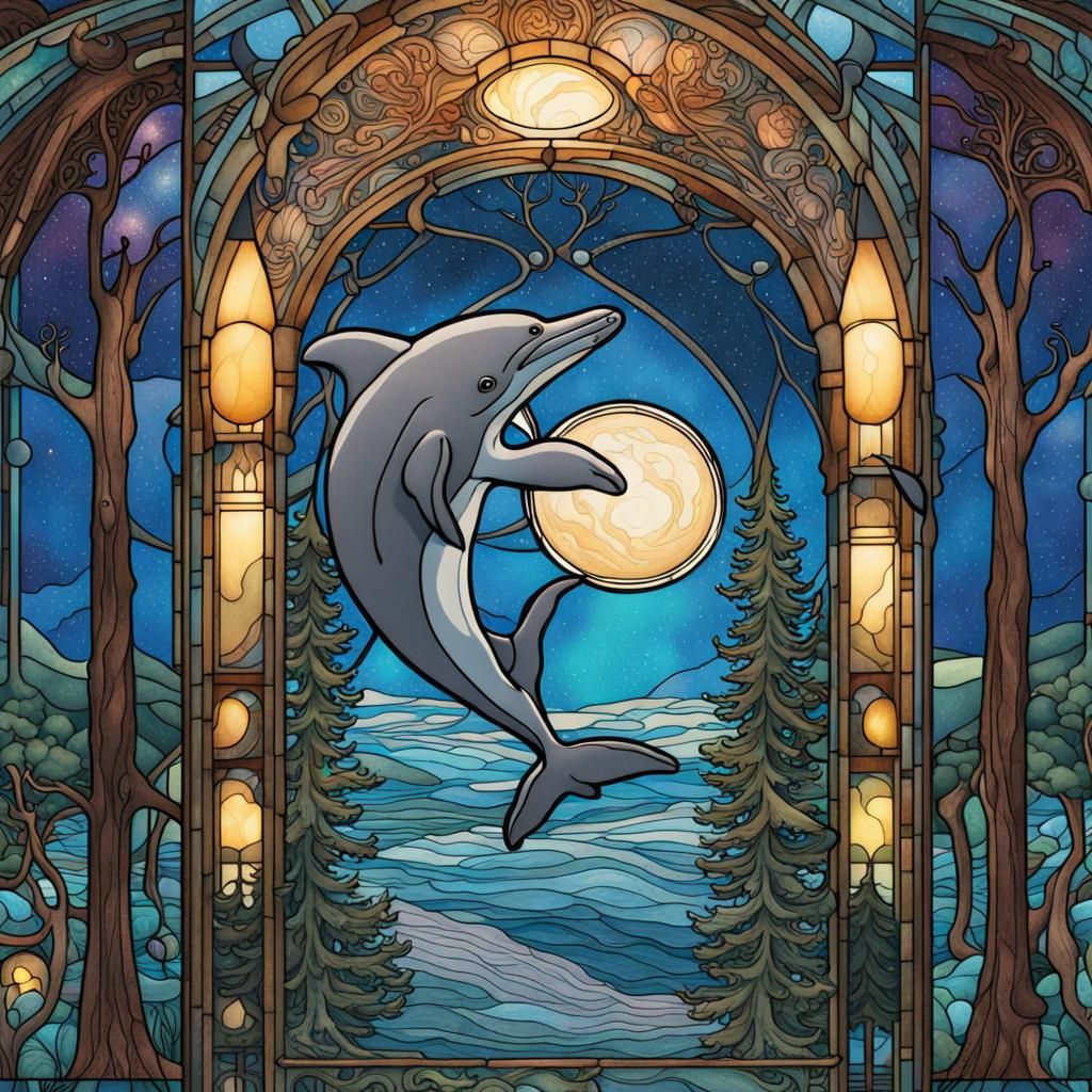 Dolphin in Milky Way, Art Nouveau Stained Glass
