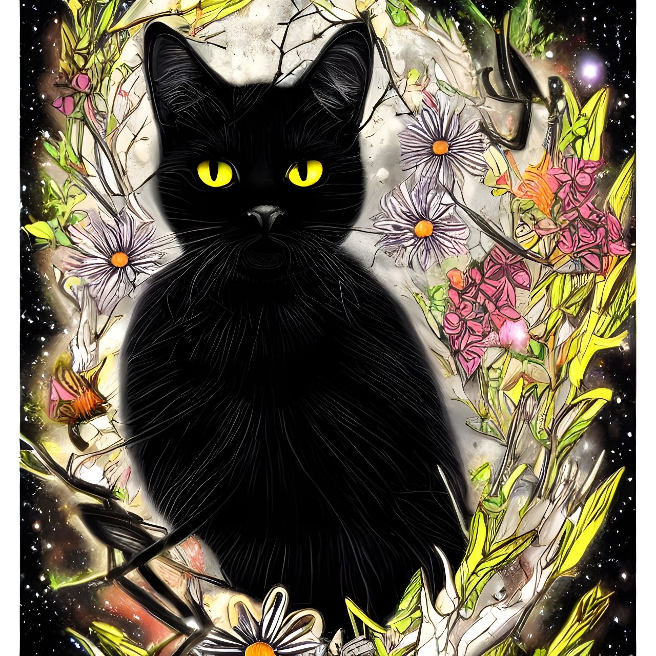 Cosmic Black Cat with Wings and Antlers