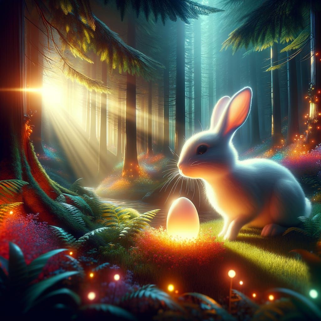 Whimsical White Rabbit in Enchanted Forest Dreamscape