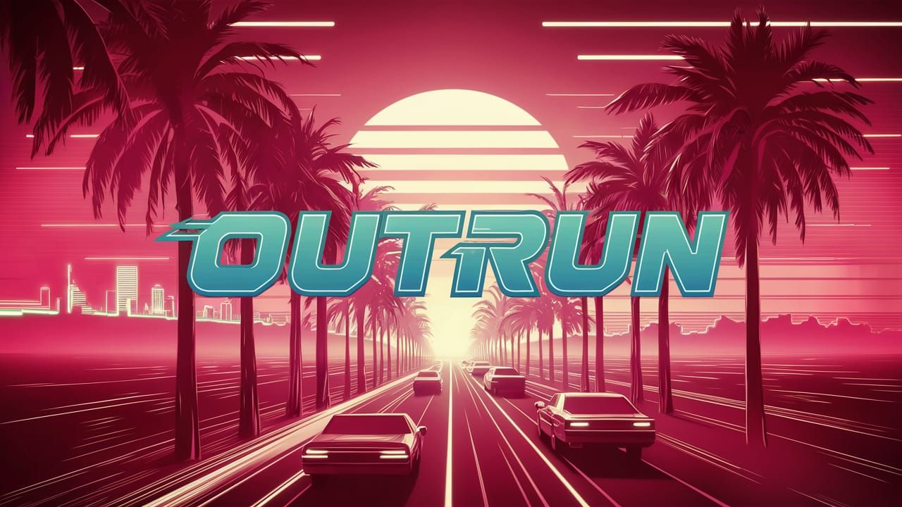 Retrowave Sunrise Over Palm-Lined Coast in 80s Style