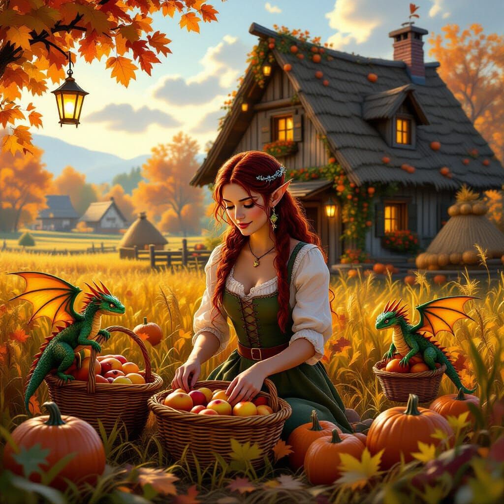 Autumn Harvest Elven Farm with Tiny Dragons