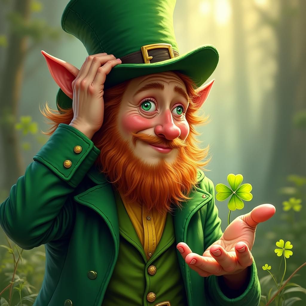 Bewildered Leprechaun and Six-Leaf Clover, Oil Painting Styl...