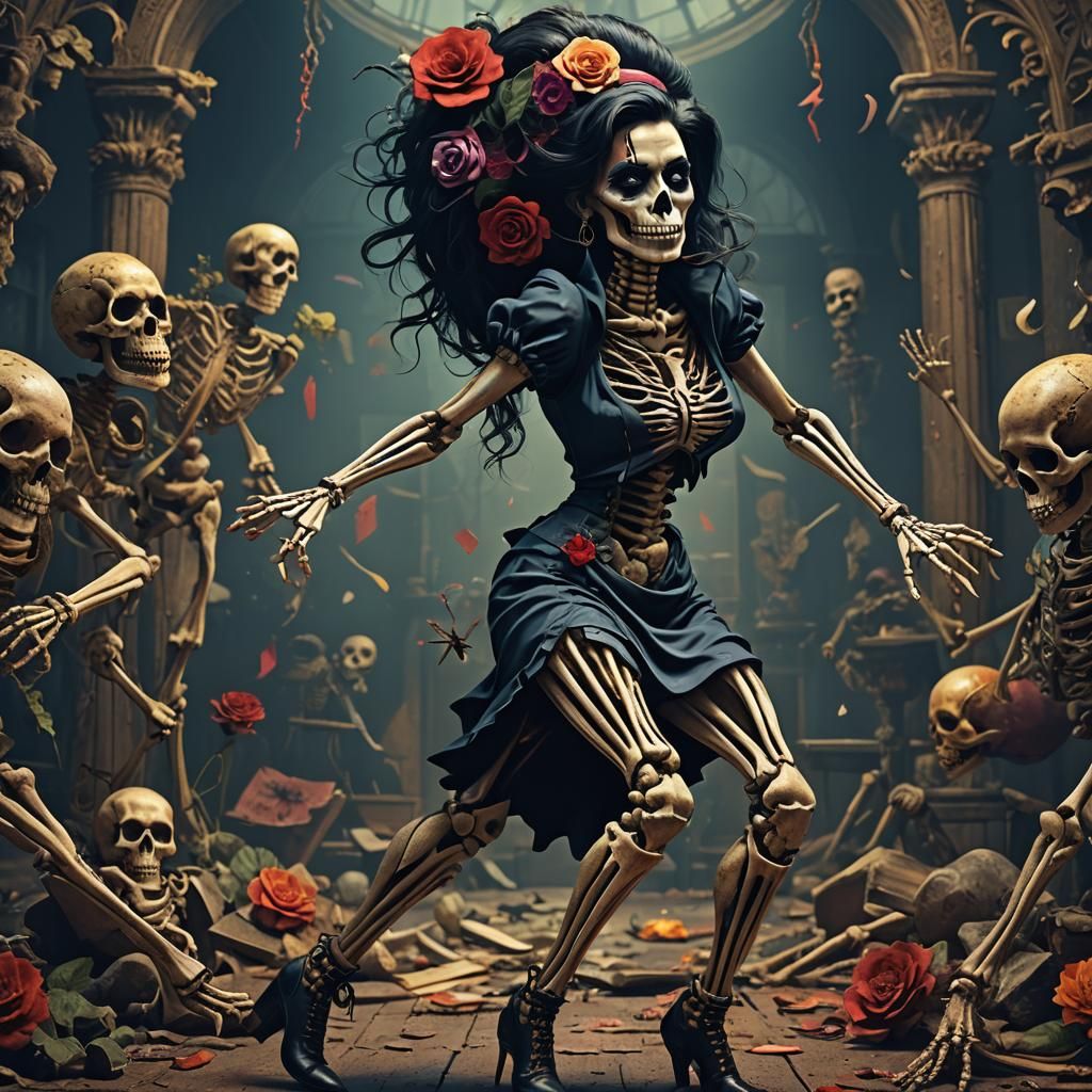 Amy Winehouse Dancing with Skeleton: Detailed Matte Painting