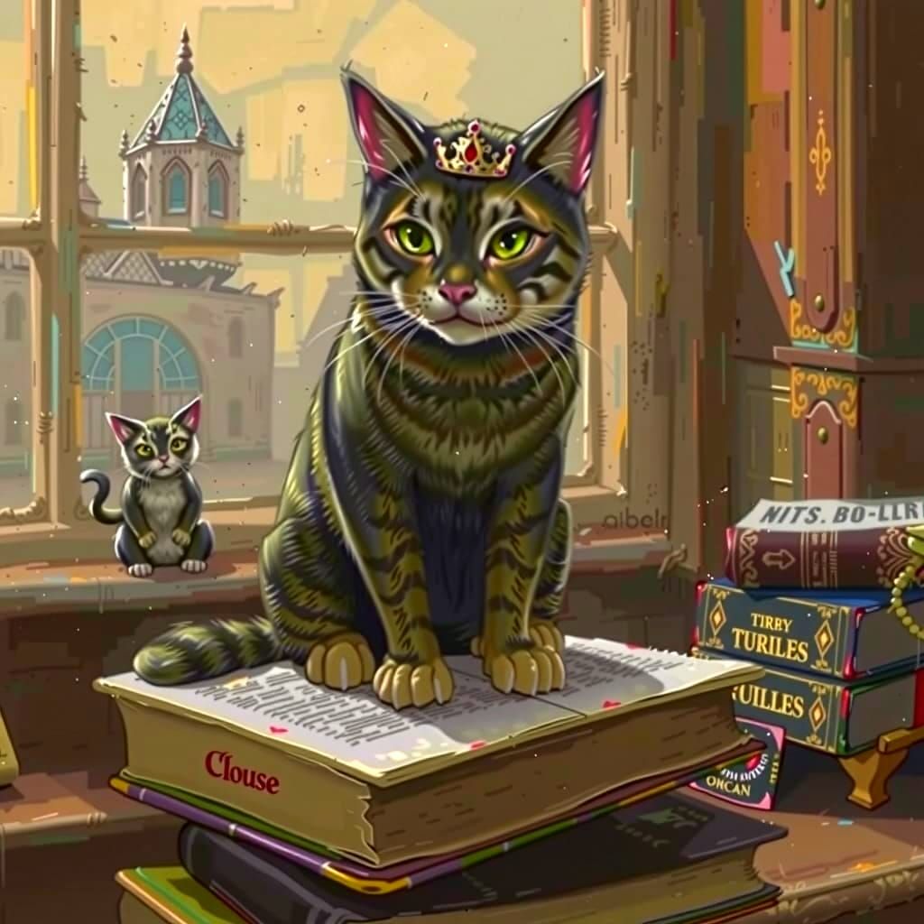 Regal Cat on Books in Dusty Attic, Impasto Oil Painting