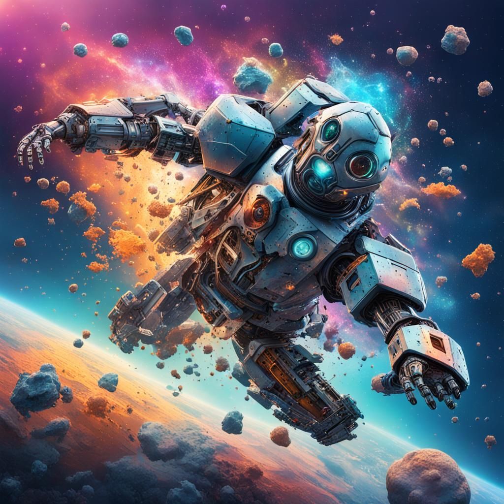 Robot Disintegrating in Space: Hyperrealistic Concept Art