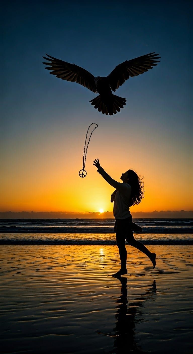 Silhouette Bird Drops Peace Symbol at Sunset