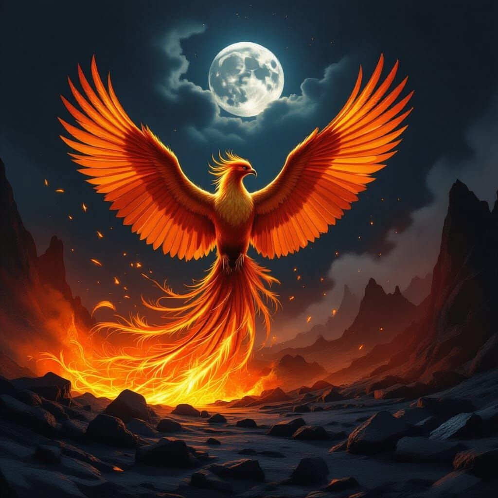 Majestic Phoenix Rises from Obsidian Landscape in Golden and...