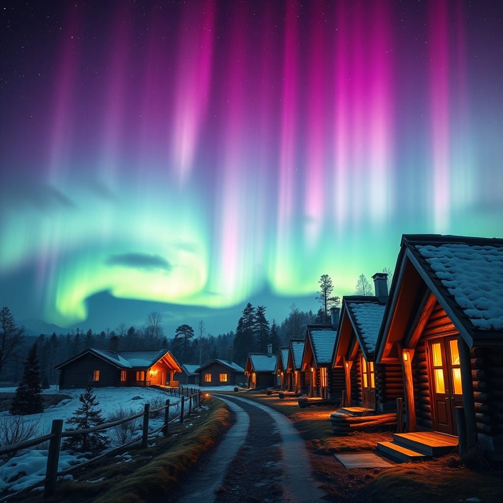 Northern Lights Dance Above Scandinavian Village