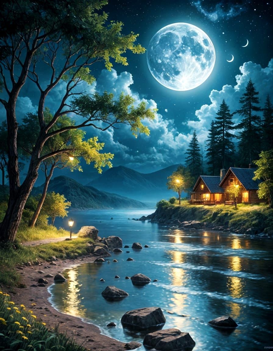 Impressionist Moonlit Scene with Dramatic Lighting