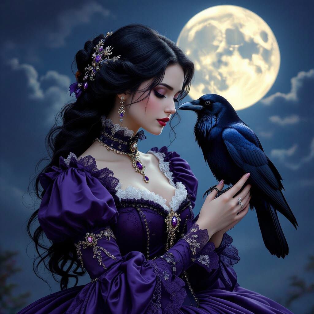 Victorian Woman with Raven in Hyperrealistic Style