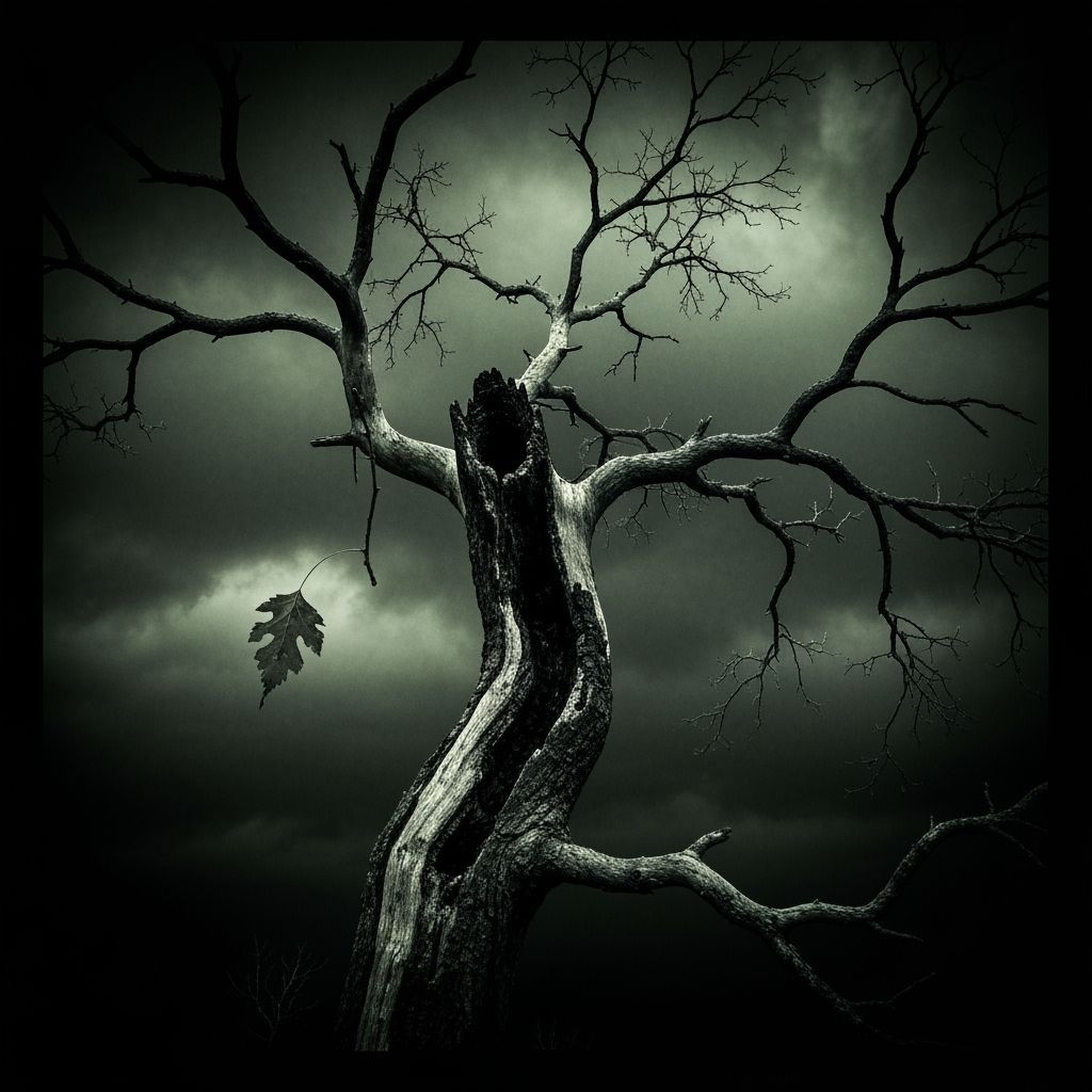 twisted, its branches reaching out like gnarled fingers towards a dark, storm-laden sky.
