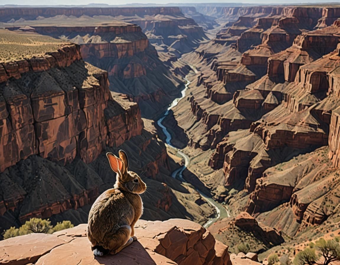 Rabbit Overlooking a Vast Canyon Landscape