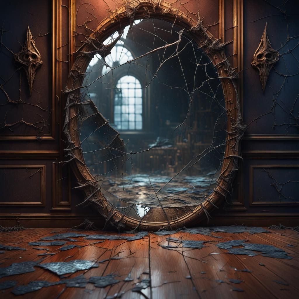 Cracked Mirror Reflecting Light in Dark Fantasy Style