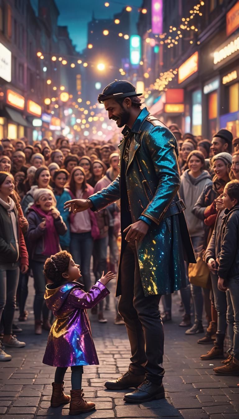 Street Performer Entertains Child: 3D Game Cinematic Art