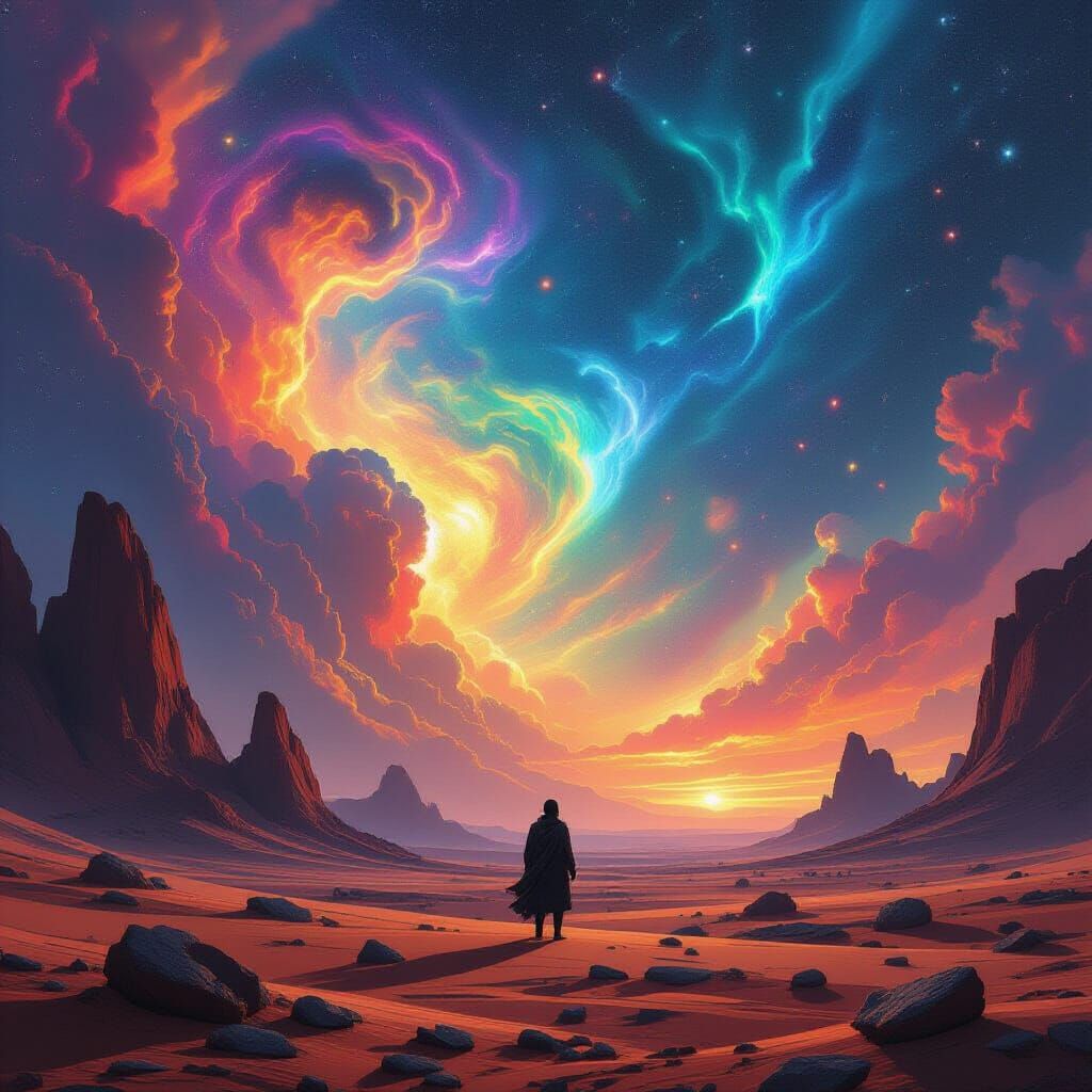Alien Desert Wanderer Under Cosmic Sky