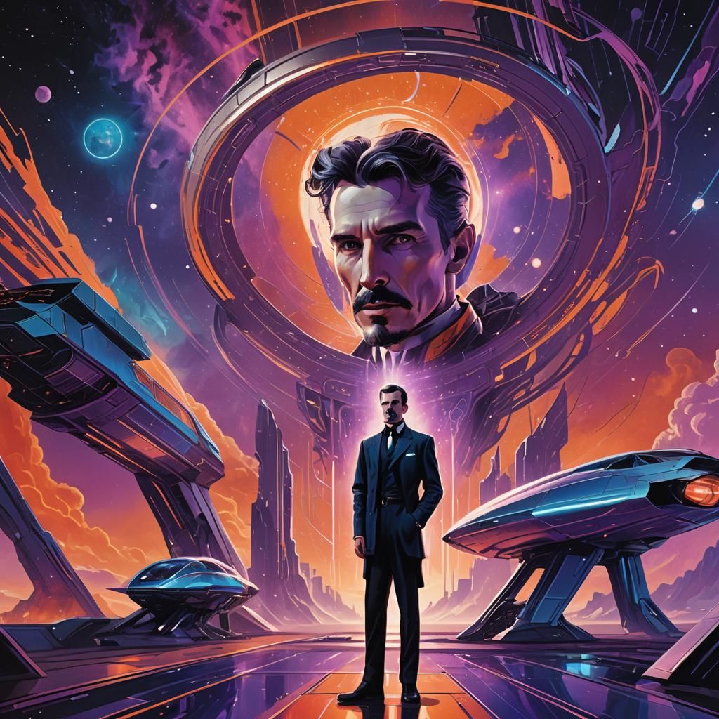 Tesla and Spaceship Concept Art in Sci-Fi Style