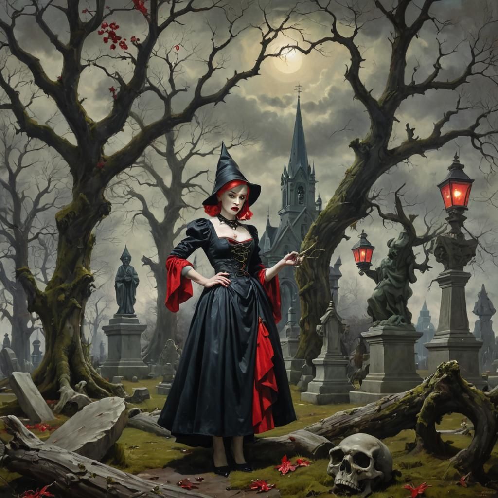 Gnome in Goth Dress in Graveyard, Americana Style