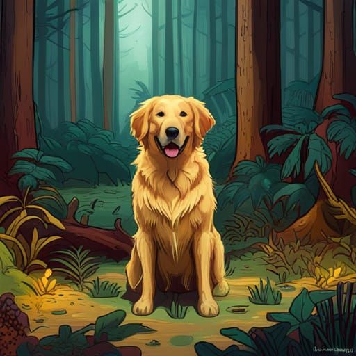 Smiling Golden Retriever in Forest, Hyperdetailed Illustrati...