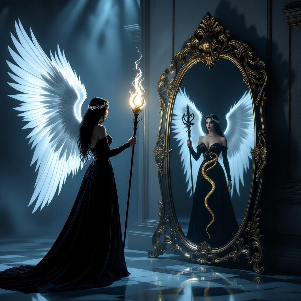 Angel Confronts Dark Doppelganger in Misty Room