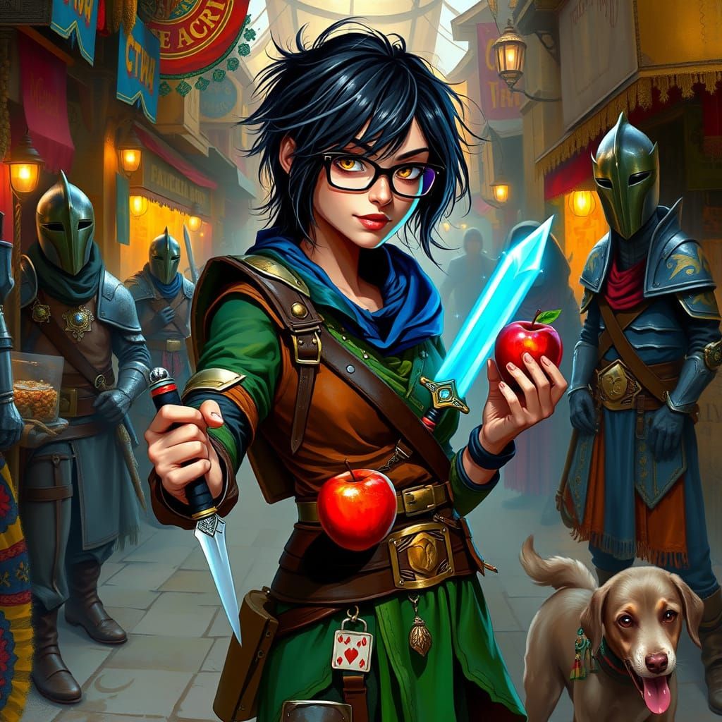 Fantasy Adventurer Lyra Solvine in Vibrant Marketplace