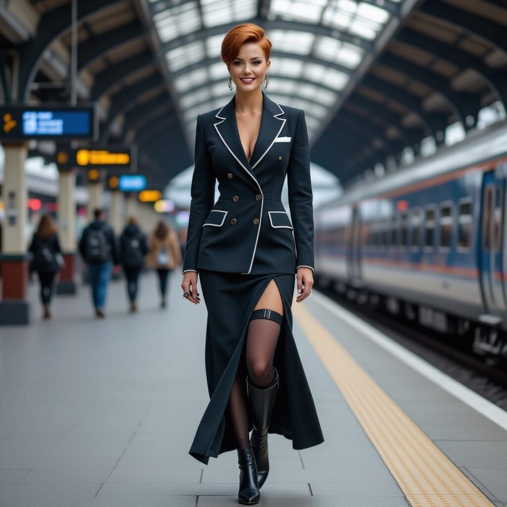 Auburn Pixie Cut Woman on Train Platform