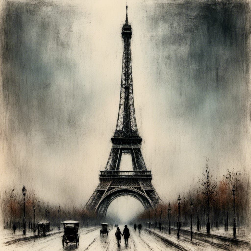 Eiffel Tower Winter Scene in Grungy Pastel Style