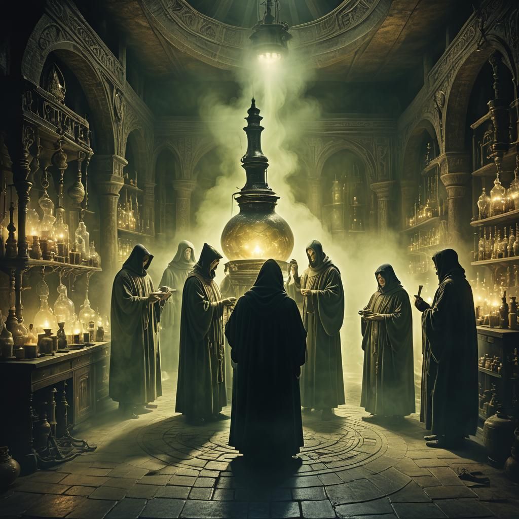 Mystical Alchemists Gather in Ancient Laboratory