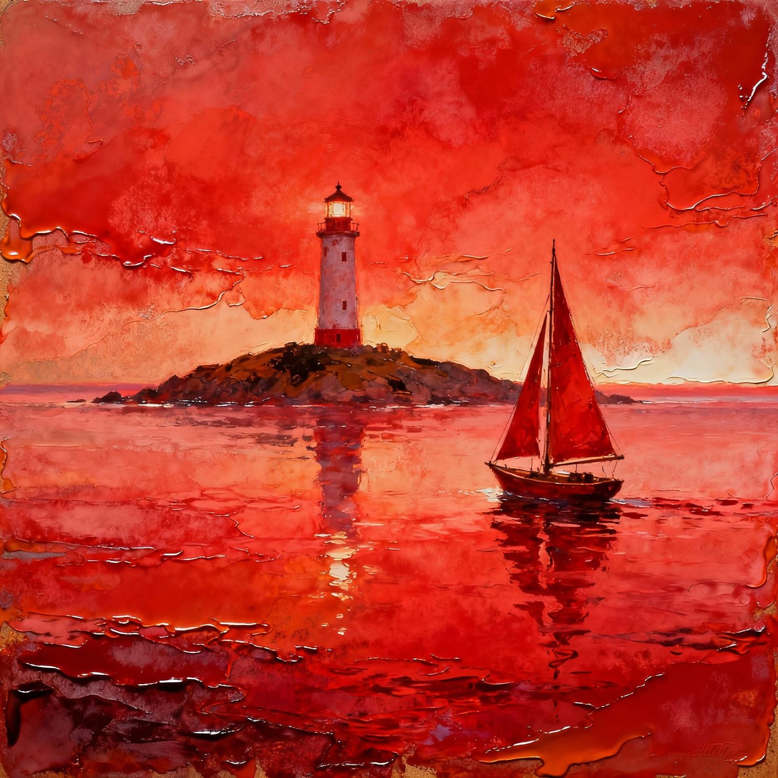 Encaustic Painting of Sailboat and Lighthouse