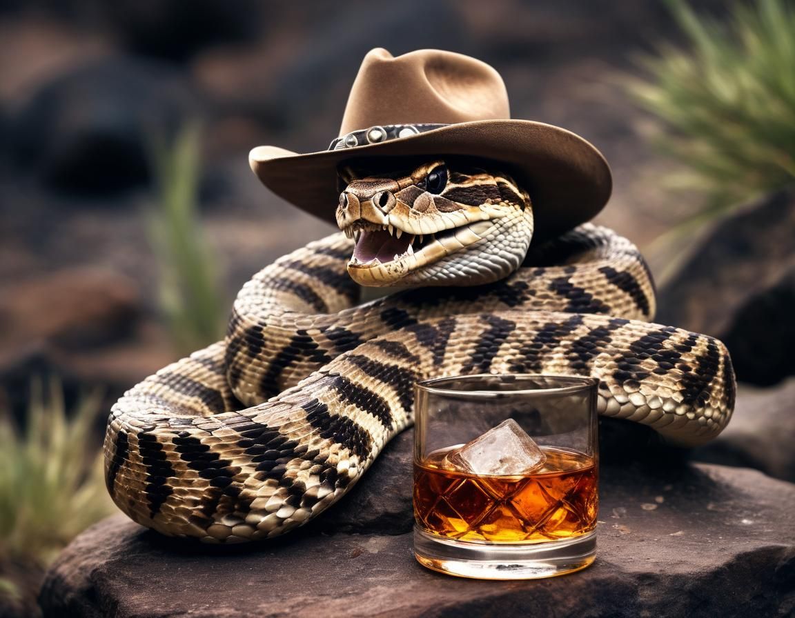 Rattlesnake in Cowboy Hat Drinks Whiskey