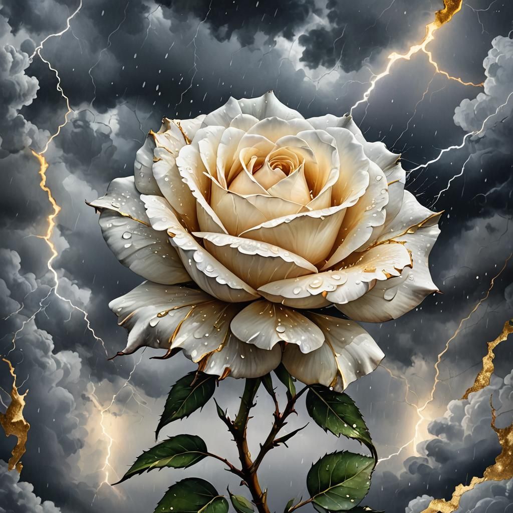 White Rose Against Stormy Sky: Watercolour Kintsugi Art