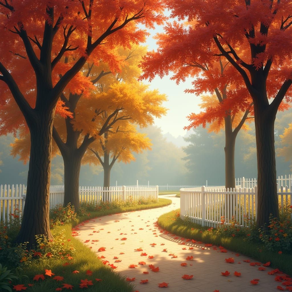 Autumn Path with Picket Fence in Impressionistic Style