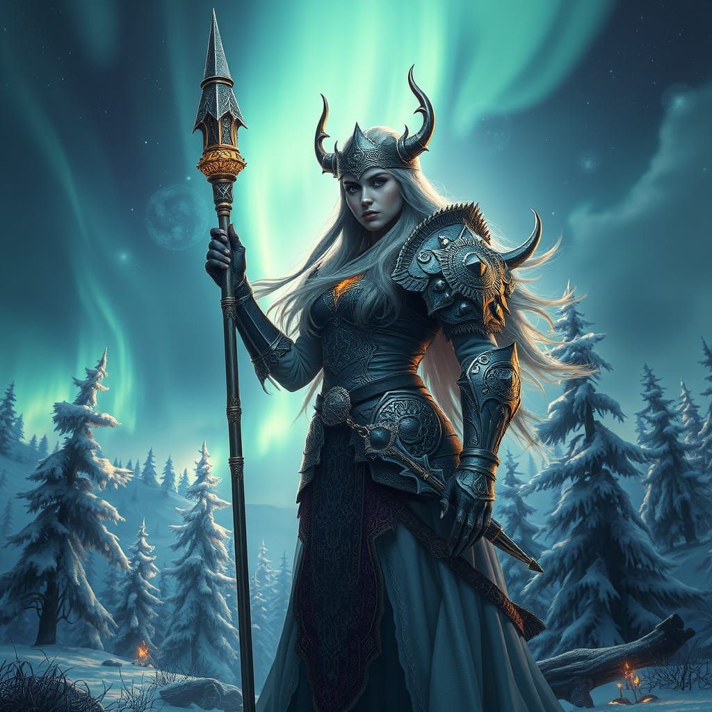 Ethereal Viking Warrior Priestess in Dreamlike Nordic Landsc...