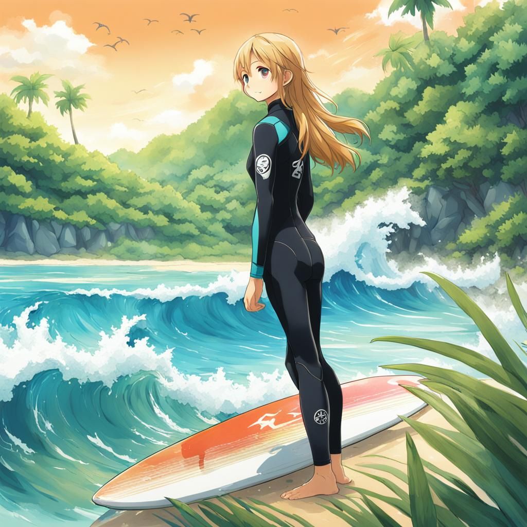 Female Surfer on Tropical Island in Anime Style