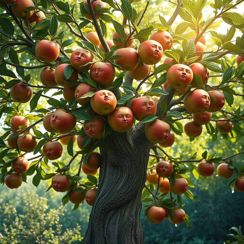 Apple Tree with Faces in Eden, Hyperrealistic Style