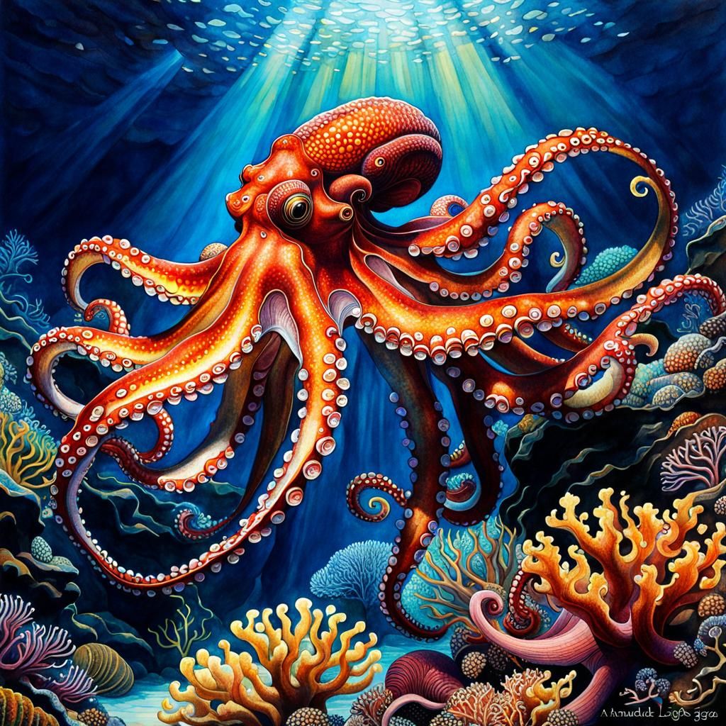 Giant Pacific Octopus Watercolor at Aquarium