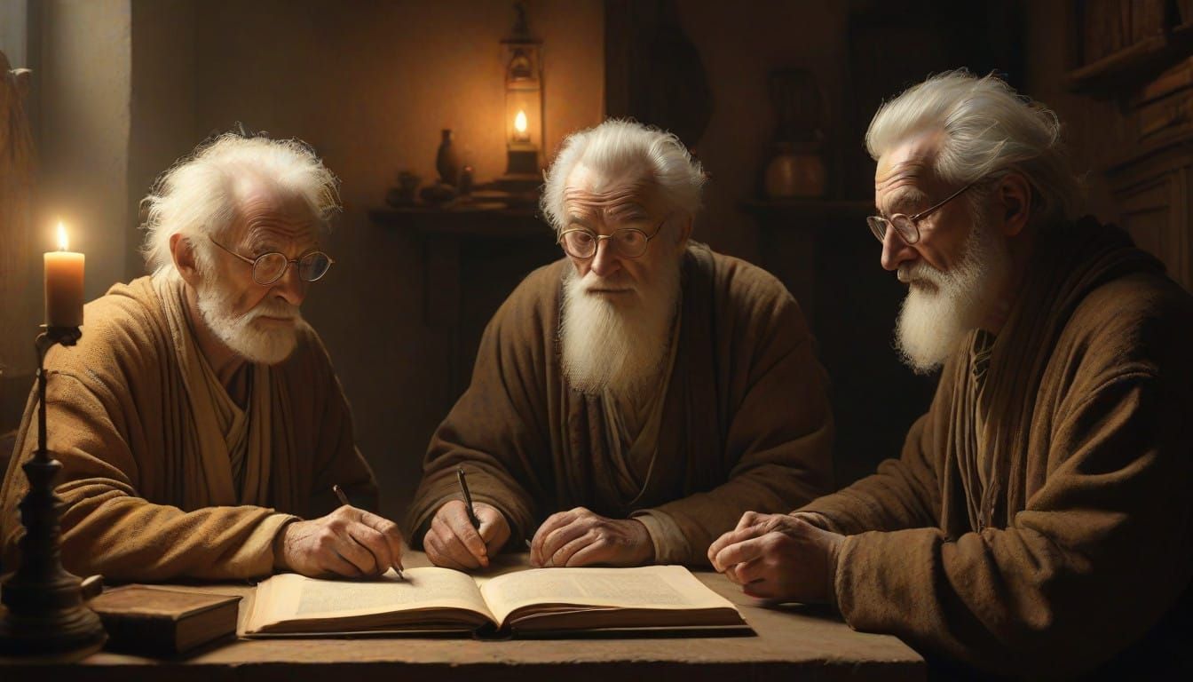 Elderly Sages Surrounded by Youthful Intrigue in Warm, Golde...