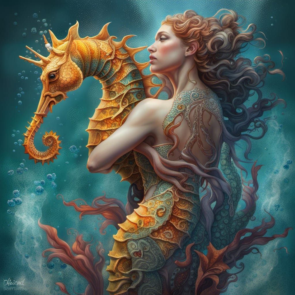 Seahorse with mythical goddess