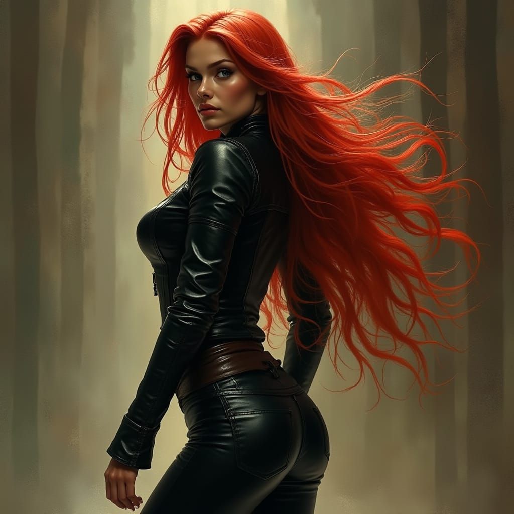 Red-Haired Witch in Leather, Dark Fantasy Style