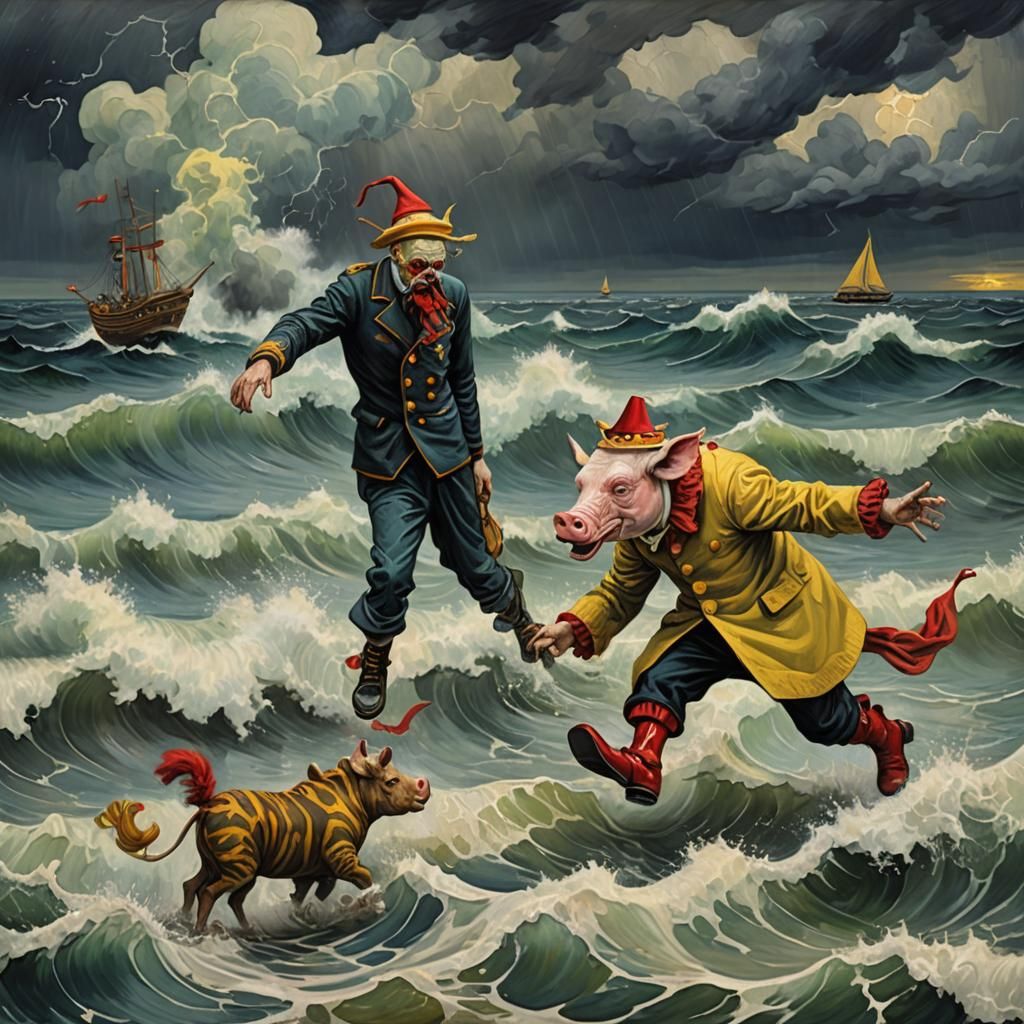 Surreal Pig-Clown and Giraffe-Soldier in Impasto Seascape