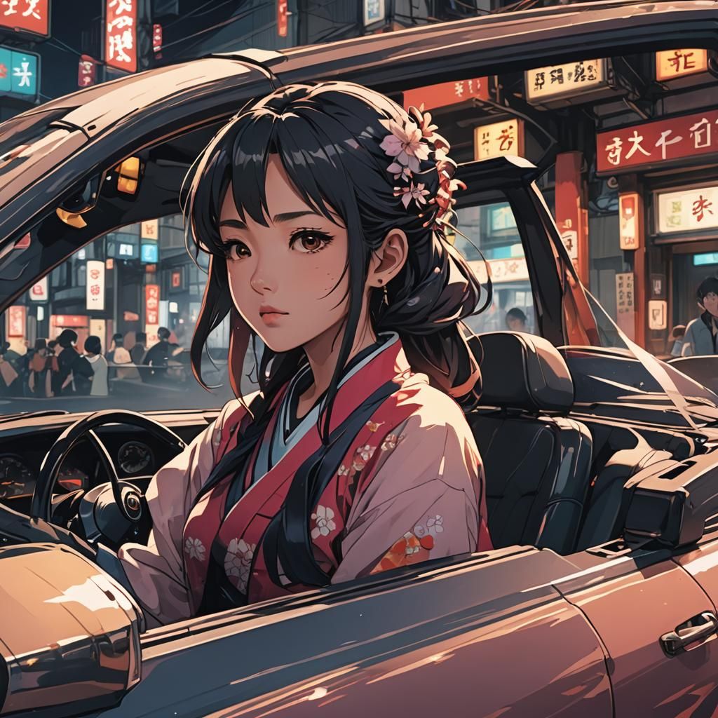 Anime Girl in Japanese Car, Cel-Shaded Style