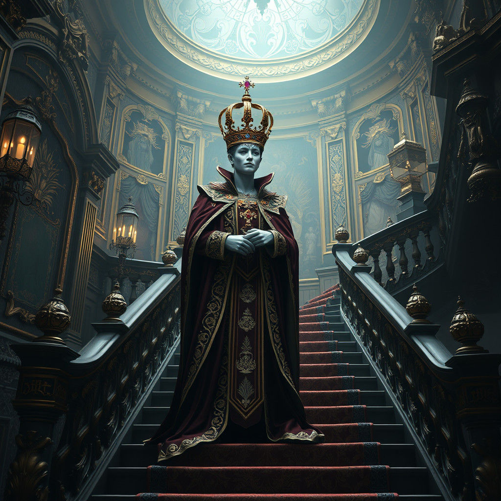 Regal Figure with Counterfeit Crown in Baroque Setting