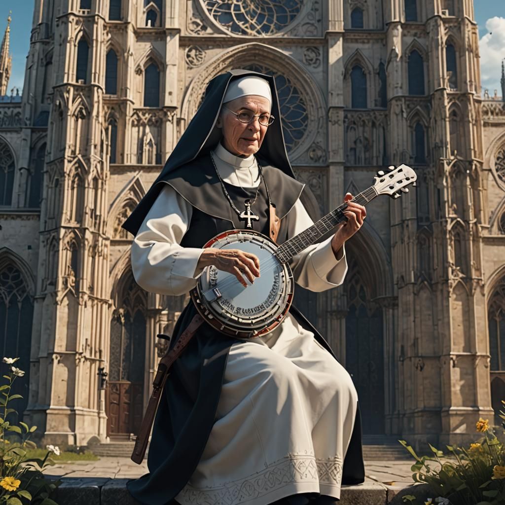 Catholic Nun Plays Banjo: Detailed Matte Painting
