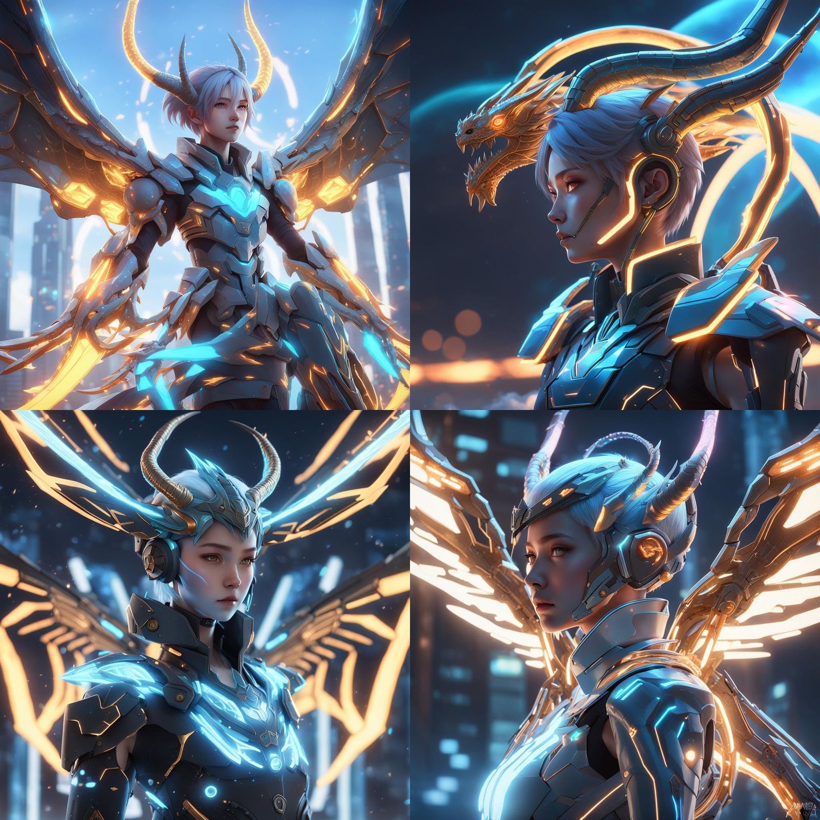 Cybernetic Dragon Woman Flying in Futuristic Anime Style