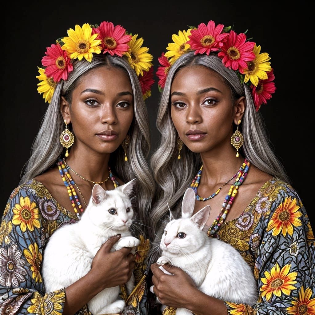 Twin Sisters with Pets in Traditional African Style