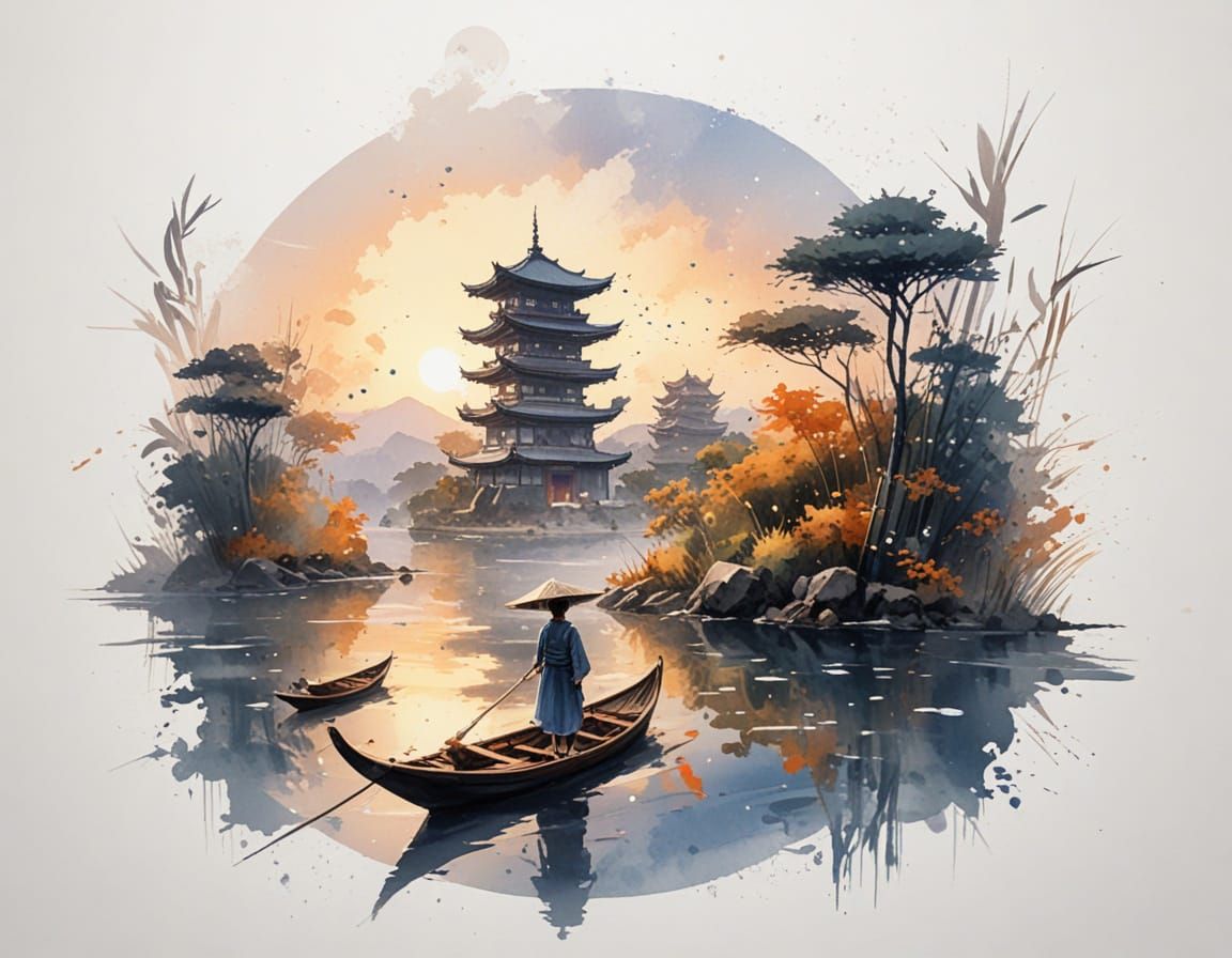 Glowing Lantern Boat on Misty River at Twilight